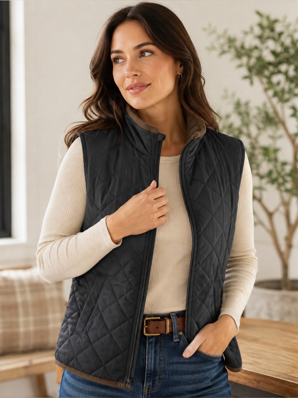 Magaschoni Womens L Quilted Fleece Lined Vest Black Diamond Stitch Insulated